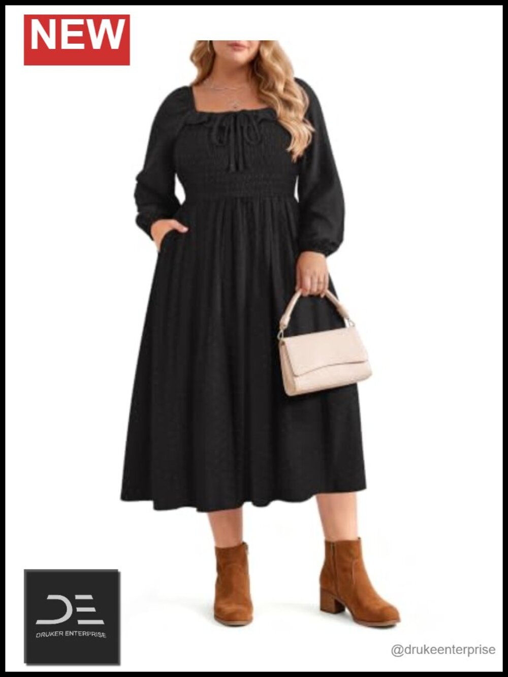 Plus Size Smocked A-Line Floral Midi Dress Long Puff Sleeves